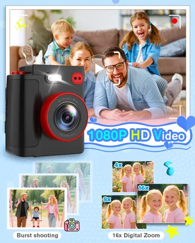 Miniatura 7 de Cámara de impresión instantánea para niños, cámara digital negra clásica para niños de 3 a 12 años, 1080P HD con tarjeta SD de 32 GB, modo selfie