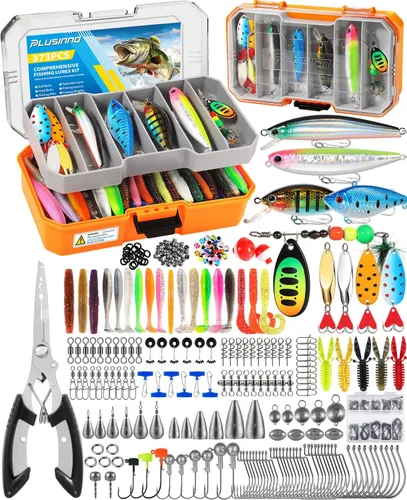 PLUSINNO Caja de aparejos de pesca con aparejos incluidos, kit de señuelos de pesca de 373 piezas con bandeja extraíble, equipo de pesca con Caja de