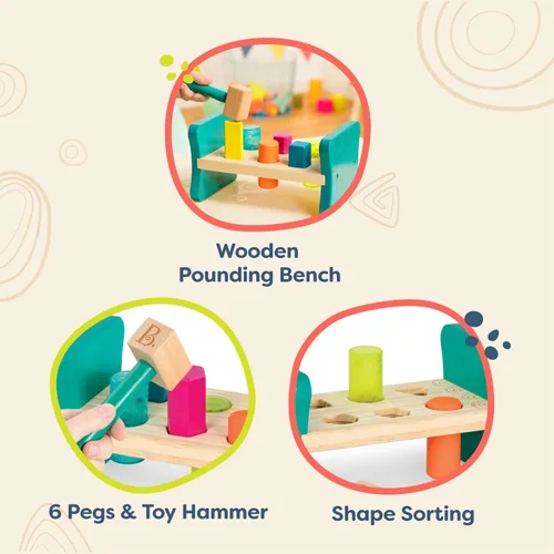 Miniatura 4 de B. toys – Clasificador de formas de madera – Banco de golpeo para clasificación de formas – 6 clavijas y martillo de juguete – Juguetes clásicos