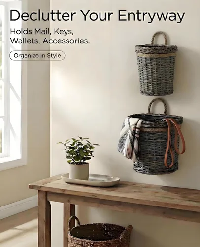Miniatura 5 de AceList Paquete de 2 cestas tejidas de mimbre para colgar en la pared, decoración de bolsillo de pared de sauce gris para flores sintéticas