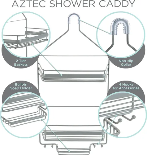 Miniatura 3 de Bath Bliss Regency - Organizador de ducha colgante Almacenamiento y organización de baño Colgante de cabezal de ducha 2 cestas y ganchos