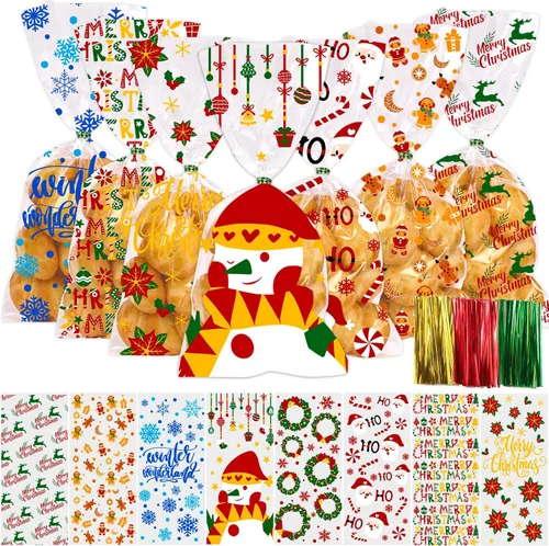 Miniatura 5 de DULEFUN 160 bolsas de celofán de Navidad, 8 estilos, transparentes para dulces, galletas, golosinas, bolsas de celofán con lazos de torsión