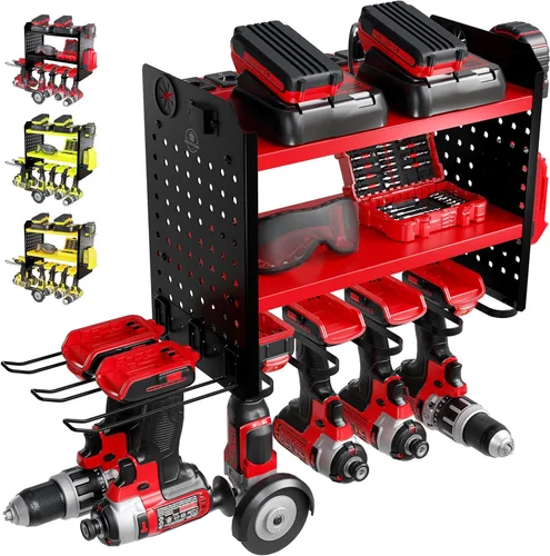 Miniatura 7 de BUILTSTRONG Organizador de almacenamiento de herramientas de metal resistente - Organizador de montaje en pared de 3 niveles, soporte de taladro