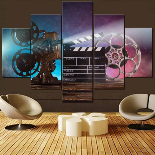 Decoración de cine vintage, pinturas de película Clapper, proyector de película, obra de arte de cine antiguo para sala de estar, 5 piezas, lienzo