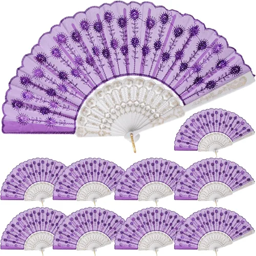 Miniatura 9 de QIRMIZI Paquete de 10 ventiladores plegables de tela, perfectos para bodas, fiestas y bailes, color rosa oscuro