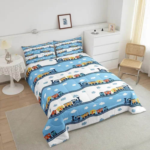 Miniatura 4 de Erosebridal Juego de edredón de tren de locomotora para niños, tamaño individual, lindo juego de ropa de cama con motor de vapor para niños y niñas
