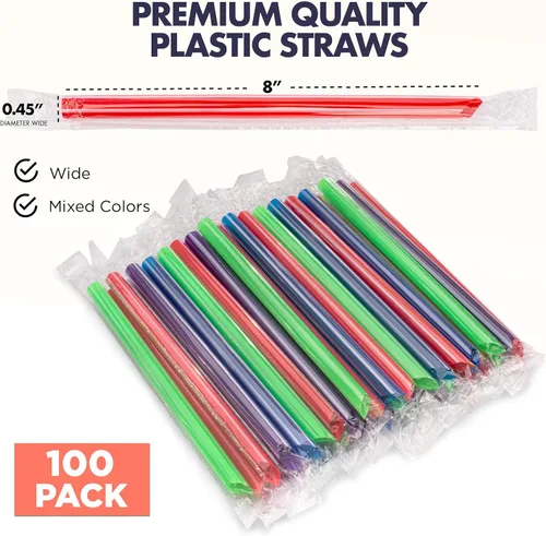 Miniatura 2 de Fit Meal Prep Paquete de 100 popotes desechables de plástico coloridos para batidos de 8 pulgadas, sin BPA, envueltas individualmente para batidos