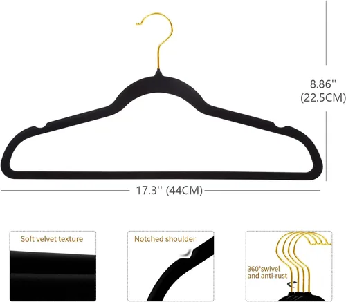 Miniatura 3 de ManGotree Perchas de terciopelo con gancho dorado giratorio de 360°, perchas de fieltro antideslizantes para trajes, colgador de ropa ultra delgado