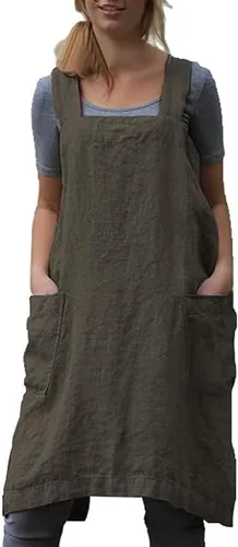 Schine Pinafore de algodón con espalda cruzada para mujer, con bolsillos grandes, prácticos delantales para trabajos de jardinería, cocina, Verde