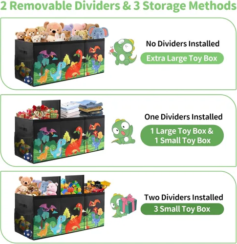 Miniatura 3 de Caja de juguetes extragrande para niños, organizador de juguetes plegable con divisores y tapas, contenedor de almacenamiento de dinosaurios de 148L