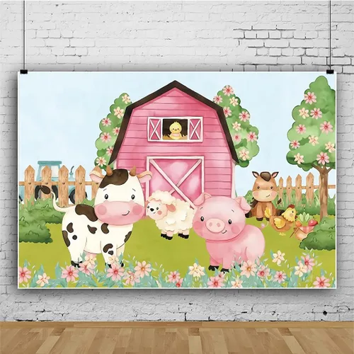 Miniatura 4 de Fondo de dibujos animados de 5 x 3 pies para fiesta de animales de granja, granero rosa, baby shower, cumpleaños, fotografía, fondo, tierras
