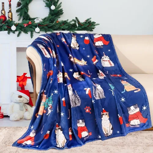 Tupmnbry Manta Decorativa de Navidad Manta de Gato Navideño Estampada Súper Suave de Franela Polar Mantas de Invierno Afelpadas Difusas Cálidas