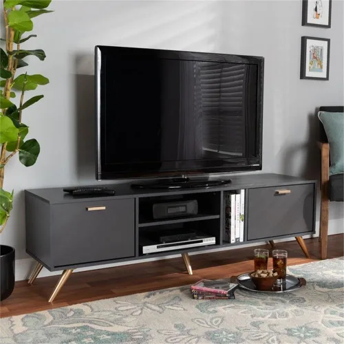 Miniatura 8 de Baxton Studio Kelson - Soporte para TV, color gris oscuro/dorado