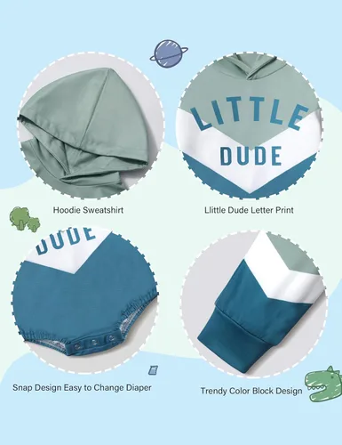Miniatura 6 de Ropa para bebé niño, bloque de color, sudadera con capucha de gran tamaño, mameluco, pantalones largos, conjunto de trajes de otoño e invierno