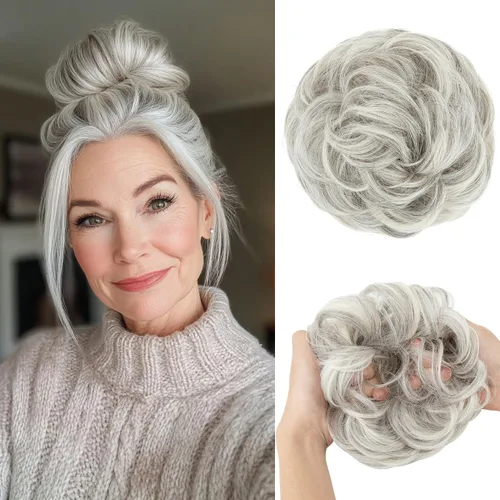 Miniatura 7 de CJL HAIR Extensiones de cabello sintético de moño desordenado, ondulado, rizado, grueso, para coleta, para mujer (rubio blanco)