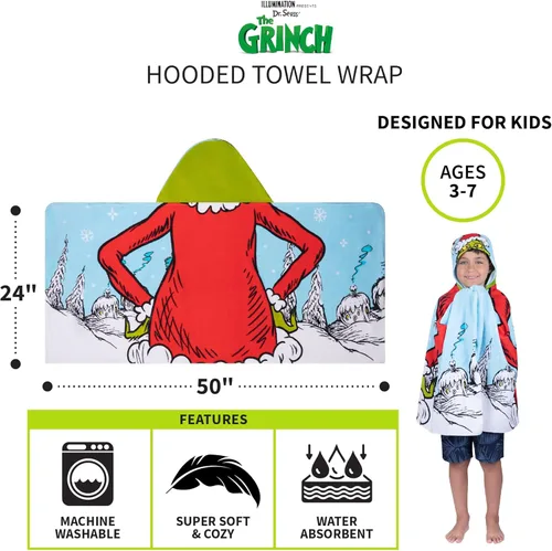 Miniatura 4 de Grinch de Dr. Seuss Toalla de rizo de algodón suave con capucha para niños, para uso en baño/piscina/playa, 24 x 50 pulgadas