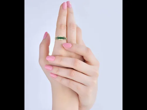 Miniatura 8 de Anillo de compromiso de diamantes y esmeraldas redondas naturales de oro de 14 quilates