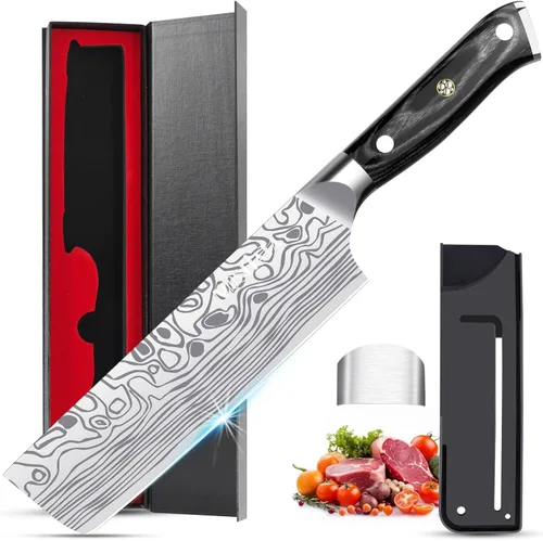 Miniatura 14 de MOSFiATA - Cuchillo de chef profesional súper afilado de 8 pulgadas con protector de dedos y sacapuntas, acero inoxidable alemán de alto carbono
