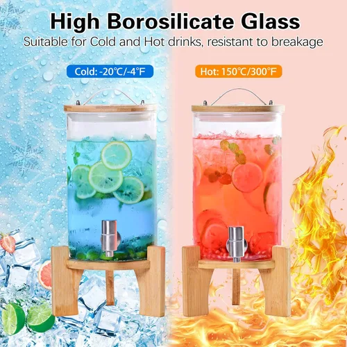 Miniatura 6 de Dispensador de bebidas de vidrio grande de 1.2 galones para fiestas, dispensador de bebidas con soporte de madera de bambú y grifo de acero