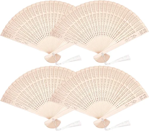 Paquete de 4 ventiladores plegables de madera con borlas, ventilador de mano de madera vintage plegable de sándalo para mujeres, regalos de boda,