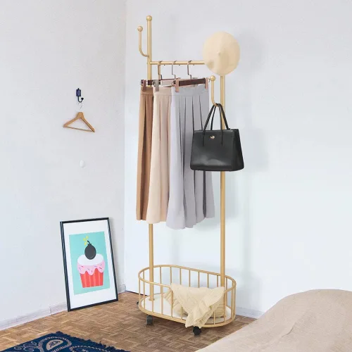 Miniatura 5 de Perchero de Ropa Dorado con Ruedas Perchero Rodante con Cesta de Almacenamiento Perchero de Abrigos de Metal Móvil Soporte Perchero Moderno