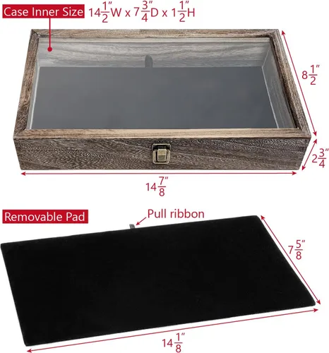 Miniatura 2 de MOOCA Vitrina de madera con tapa de cristal, vitrina de cuchillo de bolsillo con almohadilla de exhibición de joyería de terciopelo MDF de lujo