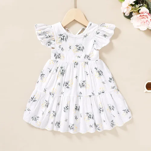 Miniatura 2 de Vestido bohemio de lino para niña pequeña, vestido casual sin mangas con volantes y estampado floral liso para verano y playa