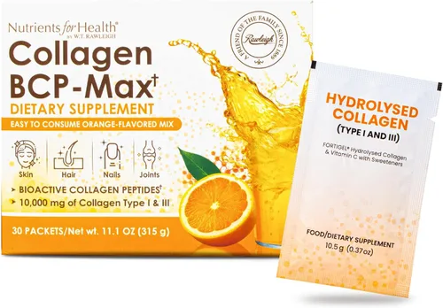 Rawleigh Colágeno BCP-Max: 30 bolsitas aptas para viajes - Delicioso concentrado con sabor a naranja, 10,000 mg de péptidos de colágeno hidrolizados