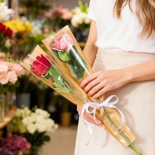 Miniatura 5 de Mauproy Paquete de 50 fundas de rosas individuales, bolsas de flores individuales, bolsas de papel kraft con cintas para graduación, barras