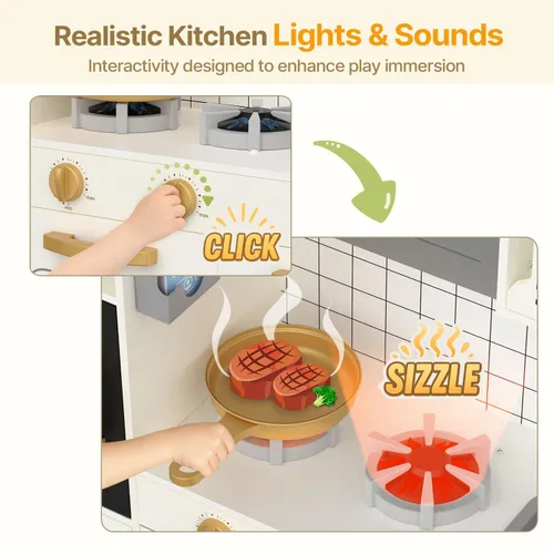 Miniatura 2 de BIERUM Play Kitchen - Juego de cocina para niños con luces y sonidos realistas, 28 piezas de accesorios de comida de juguete y utensilios de cocina