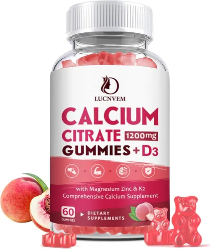 Gomas de Citrato de Calcio 1200mg con Vitamina D3, Gomas de Calcio con Vitamina D3 para Mujeres y Hombres, Cal Magnesio Zinc para la Salud de Huesos