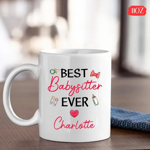 Miniatura 4 de Taza de café con el nombre de la niñera con la frase "Best Babysitter Ever", taza de café personalizada con nombre de niñera, regalo de niñera