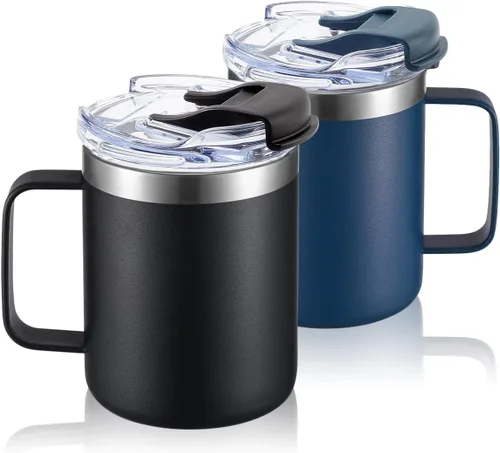 Miniatura 20 de Taza de café aislada de 12 onzas con asa, taza de café de viaje de acero inoxidable con tapa abatible, vaso de café de doble pared con aislamiento