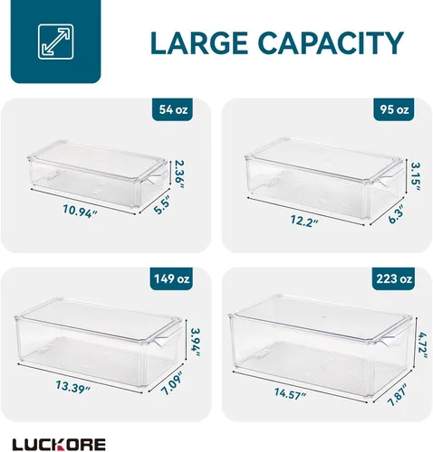 Miniatura 2 de Luckore - Juego de 4 contenedores organizadores para refrigerador, organizadores transparentes y almacenamiento, apilables con tapas, contenedores