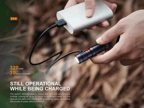 Miniatura 6 de EdisonBright Fenix E05R 400 Lumen USB Recargable EDC Llavero Linterna Cable de carga Estuche de transporte (negro)