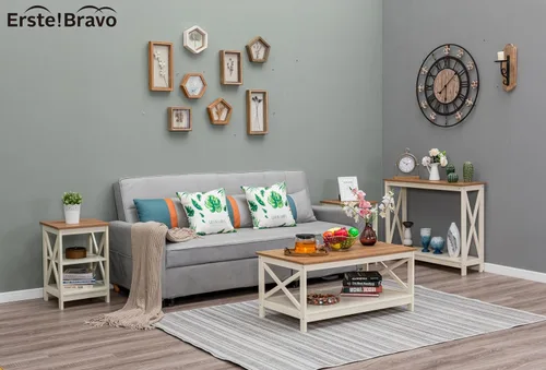 Miniatura 7 de Mesa de centro de granja con almacenamiento, mesa central cuadrada moderna con estante para sala de estar, mesa de cóctel de aspecto de madera