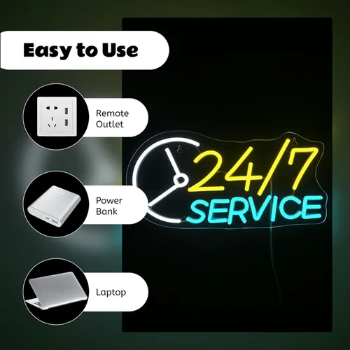 Miniatura 8 de Letreros de Neón Abierto Letreros de Neón de Servicio 24H para Decoración de Pared Alimentado por USB Luces de Letrero de Letras LED Ajustables
