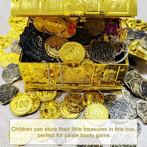 Miniatura 2 de Cofre del tesoro egipcio para niños, caja de tesoro pirata decorativa dorada con cerradura y llave para premios infantiles, fiesta temática