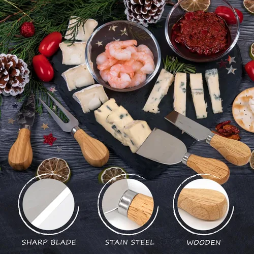 Miniatura 5 de Juego de cuchillos de queso para embutidos – 4 cuchillos de queso pequeños de acero inoxidable y tenedor con soporte magnético de madera de acacia