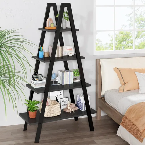 DKLGG Estantería en forma de A de 4 niveles, estantería de metal industrial, estante de escalera de dormitorio de pie, estantes de exhibición Negro