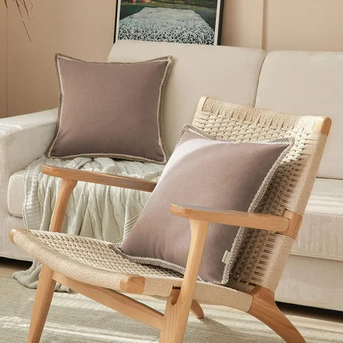 Miniatura 5 de FY FIBER HOUSE Paquete de 2 fundas de almohada decorativas de granja, lino sintético de arpillera con bordes a medida, fundas de cojín para sofá