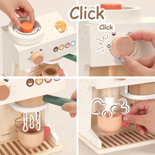 Miniatura 4 de PairPear Juego de simulación de cafetera de espresso de madera 18 piezas Set de barista con cápsulas, tazas y galletas, accesorio de cocina