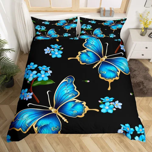 Miniatura 14 de Erosebridal Juego de ropa de cama con diseño de mariposas y flores azules, tamaño individual, funda de edredón floral de acuarela para niños