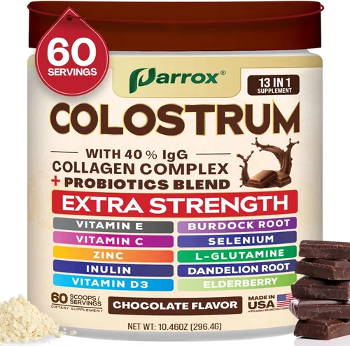 Polvo de calostro con 40% de IgG, colágeno, probióticos, raíz de bardana, L-glutamina, saúco, vitamina C, vitamina E, vitamina D3, inulina, selenio,
