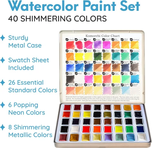 Miniatura 2 de Juego de pintura de acuarela japonesa premium Mozart - 40 colores ricos con pastillas metálicas y de neón - Juego de calidad artística para adultos
