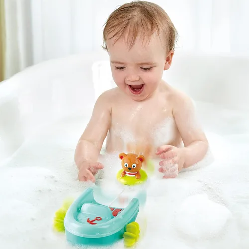 Miniatura 4 de Hape Juguete de baño de barco con retroceso de tubo, oso de peluche, juguete de baño flotante para remo de barco, juguete para bañera y ducha