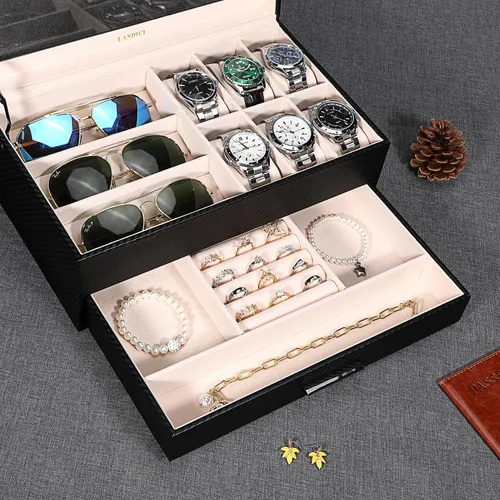 Miniatura 2 de LANDICI Caja de reloj para hombres y mujeres, 2 capas de piel sintética, organizador de relojes, caja de almacenamiento grande, organizador