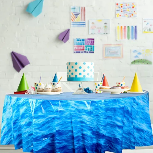 Miniatura 7 de Oudain Mantel redondo de plástico de 84 pulgadas con diseño de olas oceánicas, cubierta redonda para mesa de picnic con temática de océano azul