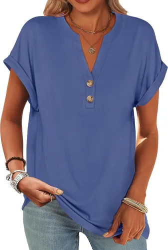 Miniatura 37 de ANRABESS - Camisetas Henley de manga corta para mujer, cuello en V, elegantes, estilo informal, de corte suelto; blusas fluidas de verano, ropa