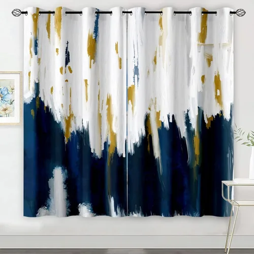 Miniatura 8 de Navy Blue White Brown Grey Abstract Grommet Blackout Curtains for Small Window, Oil Painting Style Ombre Window Drapes for Living Room Bedroom